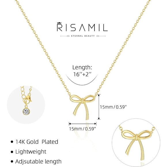 Women's Gold Necklace Cute Small Tiny Bow Pendant Choker Chain Necklace - Picture 3 of 8